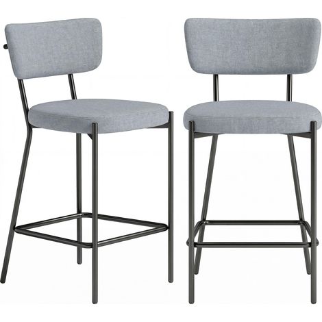 Ensemble de 2 tabourets de bar avec dossier et repose-pieds, en métal et tissu, gris clair (1/5)