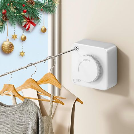 Retractable clothesline for indoor and outdoor use - Won't sag - Heavy-duty retractable clothesline - Stainless steel wall-mounted clothesline - 4.2 m (white square) (1/5)