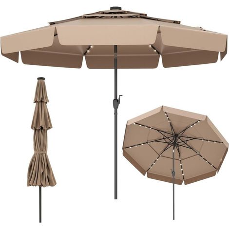 GOPLUS Parasol de Jardin Extetieur avec 32 lumières LED, 3M Parasol Balcon Inclinable avec Manivelle, Auvent à 3 Couches, 8 Baleines, pour Terrasse, Piscine, Base Non Incluse (Marron)