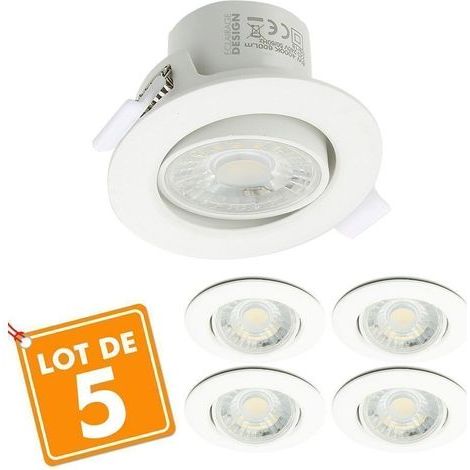 Lot de 5 spots LED encastrables orientables 8WÉquivalent 75WBlanc chaud 3000KAngle 60°Dimensions 75mmNorme CE, ROHS, EMC (1/5)