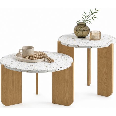 Lot de 2 tables basses gigognes design en MDF blanc et bois clair, plateau artistique, pour salon, canapé, balcon et chambre - CHICFURN (1/5)