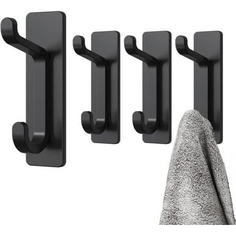 Crochets muraux autocollants, porte-serviettes de salle de bain, porte-serviettes de cuisine, patère, étanches, noirs, lot de 4 (1/4)
