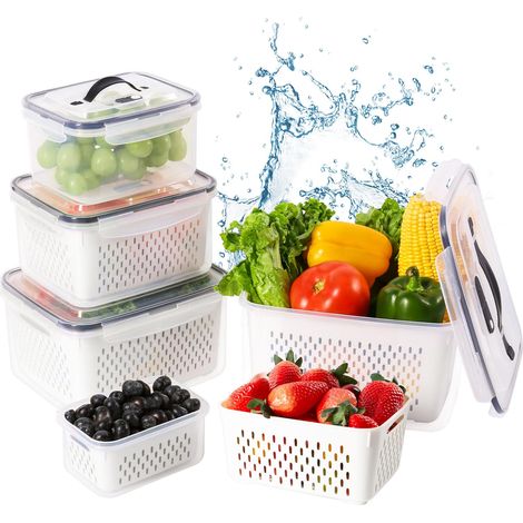 Paquet de 3 conteneurs de stockage de fruits pour réfrigérateur, conteneurs de stockage de légumes avec couvercle passoire avec poignée ventilée, passent au micro-ondes, au lave-vaisselle, mise en con (1/3)
