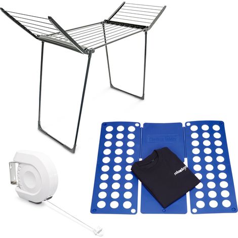 Relaxdays 3-piece Household Set, Folding Board & Drying Rack & Clothesline, Laundry Organiser, Fold to A4 Size, Blue (1/5)