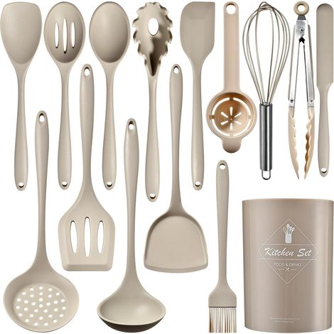 15 ustensiles silicone inox, antiadhésif, lave-vaisselle, kaki (sans BPA). (1/5)