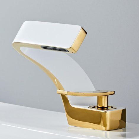 Mitigeur lavabo cascade blanc et doré, robinet salle de bain design moderne à levier unique, mélangeur eau chaude et froide avec bec cascade élégant en laiton (1/5)