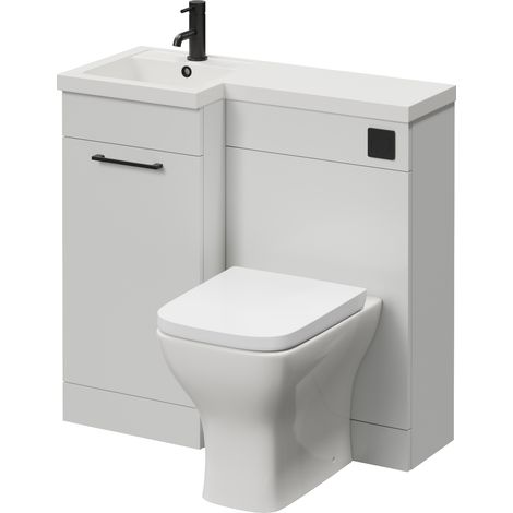 Napoli 390 Gloss Grey Pearl 900mm Single Door Vanity Unit Toilet Suite with Left Hand Square Lucia Basin - 900mm - Matt Black 160mm HandleWith Kingston Toilet Pan and Seat