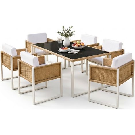 ELVMI Salon de Jardin avec 1 Table et 6 Chaises, Coussins, Rotin et Verre, Marron et Blanc (1/5)
