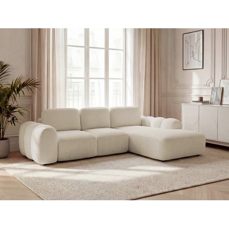 BOBOCHIC - Canapé d'angle convertible coffre grande méridienne MONTAIGNE tissu bouclette Angle droit  Beige