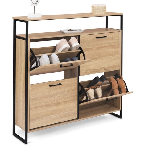 Idmarket – Meuble à chaussures 16 paires – 4 portes – étagère supérieure – design industriel – dimensions 100x23,5x97 cm – capacité jusqu'à pointure 41