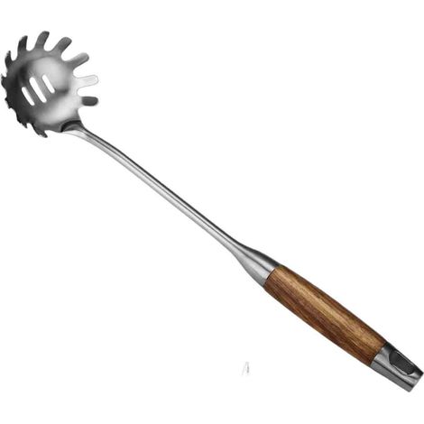Cuillère à spaghetti en acier inoxydable 304 avec manche en bois résistant à la chaleur, passoire à pâtes et fourchette de service - Indispensable en cuisine (1/5)
