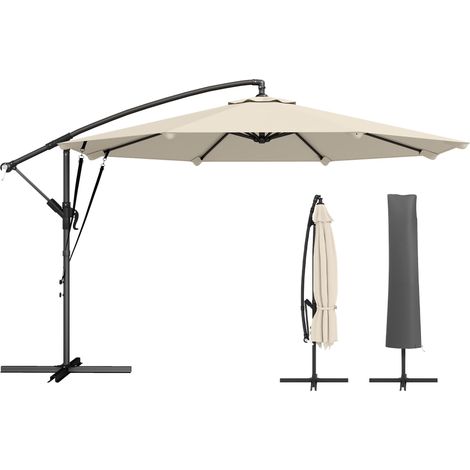 Parasol déporté d'environ Ø300 cm, enclenable, avec manivelle, pied en croix, haubans et housse de protection, blanc crème