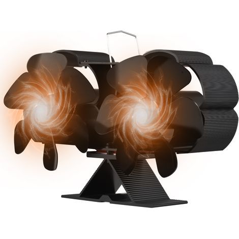 Dual-head, 6-blade thermal fan for wood stoves – black aluminum, overheat protection, no electricity required (1/4)