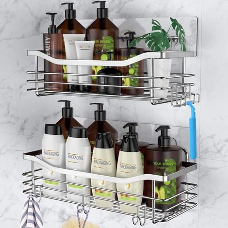 Duschablage mit 5 Haken, selbstklebender Organizer, rostfreies Edelstahl-Wandregal, kein Bohren erforderlich, für Badezimmer, Toilette und Küche (2er-Set)