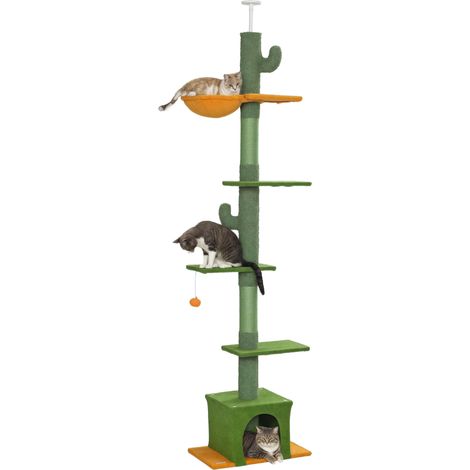 Tiragraffi per gatti, alto 275 cm, 6 livelli per gatti da interno, dal pavimento al soffitto, con piattaforme, un nascondiglio, un'amaca, verde (1/5)