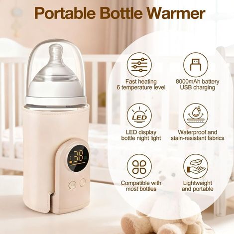 Scaldabiberon portatile, scaldabiberon wireless USB, display a LED, 6 impostazioni di temperatura 38-50 °C, scaldabiberon elettrico da 8000 mAh per latte materno, isolamento 24 ore su 24 per auto e al (1/4)
