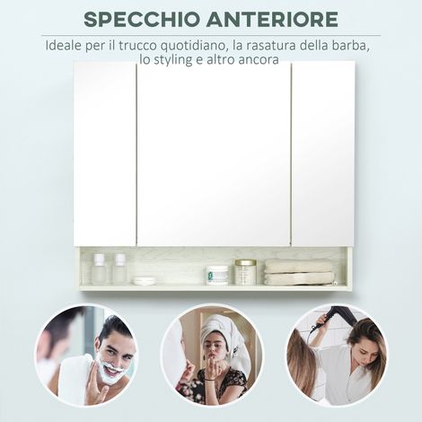Meuble suspendu salle de bain 90x15x75 cm, miroir avec rangement, 3 portes amorties, étagères ajustables, compartiment ouvert, verre effet bois, gain de place. (1/5)