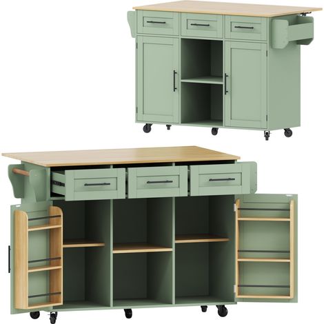 Carrito de cocina con tablero abatible 139 x 46(71) x 91,5 cm verde y tablero efecto madera (1/5)