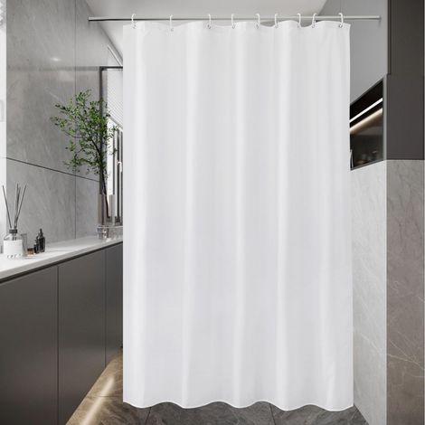 Rideau de douche Blanc 140x200 cm en tissu textile imperméable pour salle de bain, lavable, séchage rapide, anti-moisissure avec 9 anneaux (1/5)