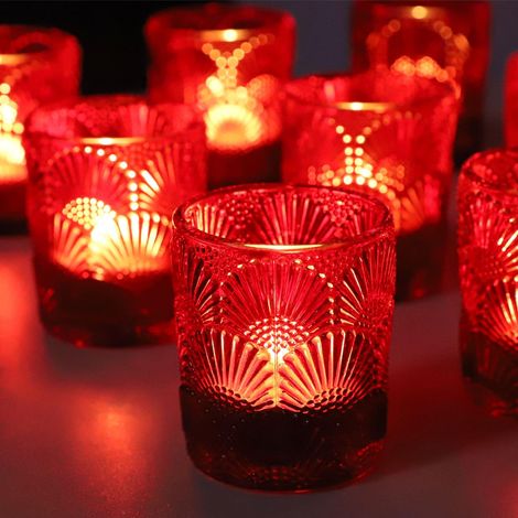 Lot de 12 photophores rouges avec motif feuille de ginkgo pour décoration de table (1/5)