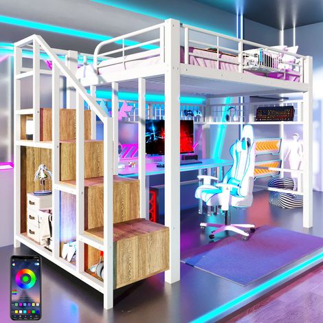 Lit Mezzanine métal 140x200 avec LED, Lit Superposé Enfant 2 Places avec panneau perforé et escalier rangement, Lit en Hauteu À monter soi-même Blanc (1/5)