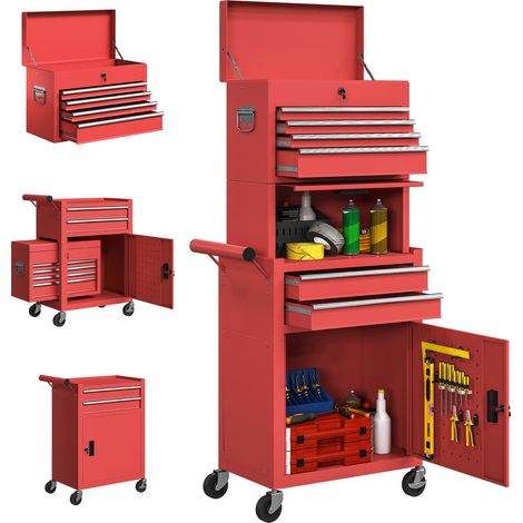 Rangement sécurisé - chariot à outils en acier avec serrure, 6 tiroirs, 2 armoires, panneau perforé (1/5)