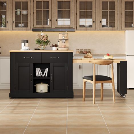 Isla de cocina móvil con mesa extensible de 235 cm, puertos USB y aglomerado negro REDOM (1/5)