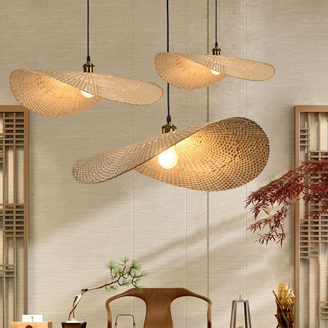 Lustre en Bambou De Style Chinois Personnalisé Chapeau De Paille Lampes Suspendues Rétro Créatif Rotin Pendentif Lumières E27 Support De Lampe pour Salon Balcon Café Hôtel--40cm (1/5)