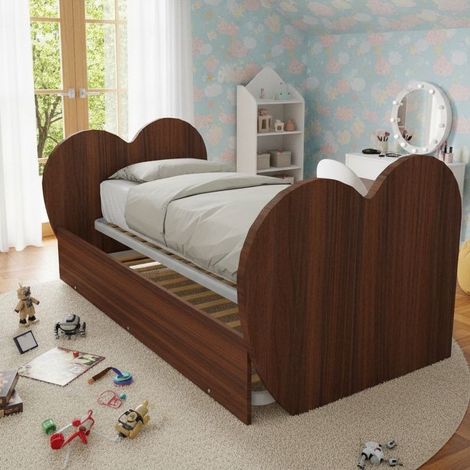 Letto singolo a cuore con secondo letto estraibile - Ideale per camerette - Noce canaletto