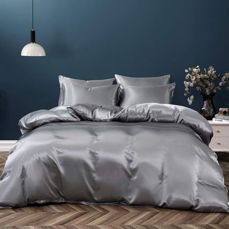 Ensemble de housse de couette 3 pièces en satin, taille grand lit/queen, housse de couette grise luxueuse, douce et soyeuse, avec fermeture éclair, 1 housse de couette + 2 taies d'oreiller (couette no (1/5)