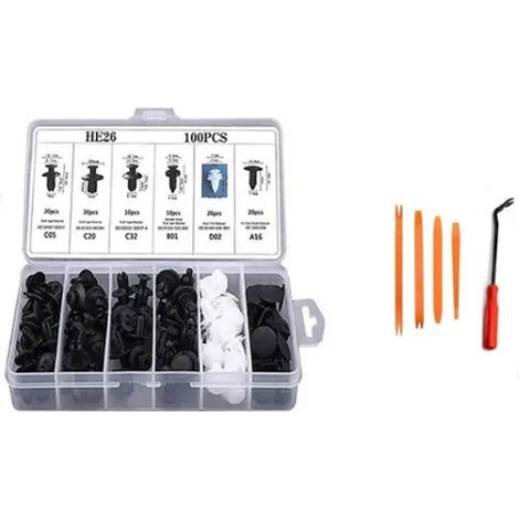 100 Rivets Plastique Auto avec Démonteur Agrafes, Kit de Fixations Poussoir pour Pare-chocs, Attaches de Carrosserie (1/5)