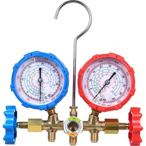 Manomètres GROOFOO pour climatisation, kit de manomètres pour R134a, R32, R22 et R410A, kit de manomètres automobiles 3 voies avec adaptateur pour tuyaux (1/3)