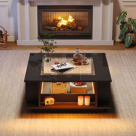 Table basse carrée 70x70x30 cm, plateau verre noir brillant avec LED, meuble d'appoint, console de salon en panneau de particules, charge max 30 kg (1/5)