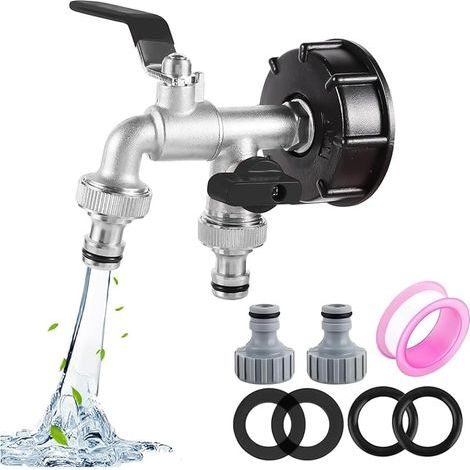 Robinet Cuve 1000L S60X6 IBC Raccord Robinet avec raccord de tuyau Robine double sortie 1/2"+3/4"Adaptateur de Réservoir en Alliage d'aluminium Robinet de Jardin avec Adaptateur en Plastique(noir) (1/5)