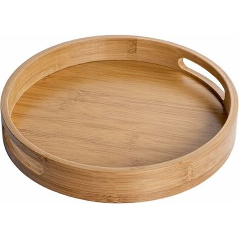 Rundes Serviertablett aus Holz mit Griffen (braun), 25 x 25 x 4 cm, dekoratives Tablett aus natürlichem Bambus, ideal für Cafés, Bars und Restaurants. (1/5)