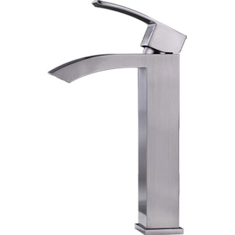 Hochfließende Wasserfall-Waschtischarmatur aus Edelstahl 304 mit bogenförmigem Design, oben klappbarem Griff, silberfarben.