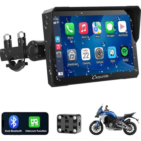 Écran avec Interphone Fonction 7 Pouces Sans Fil Carplay et Android Auto, écran Tactile étanche , Amélioré Double Bluetooth, Navigation, Boussole, Baromètre. (1/5)