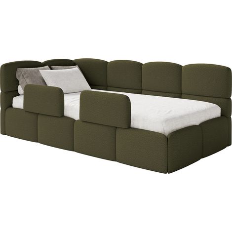 Selsey Cloudy – Jugendbett 90x200 cm, linksseitig, mit Bouclé-Bezug, Matratze und Rausfallschutz, Olivgrün (1/5)