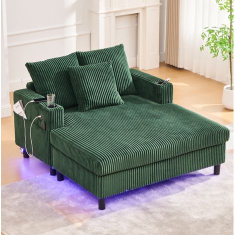 Sillón relax 142/128/85 cm de pana verde esmeralda con LED, USB y portavasos (1/5)