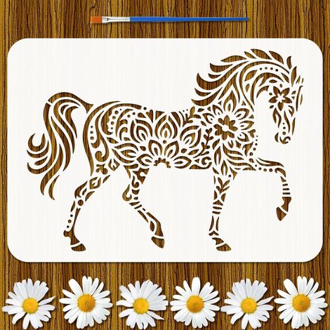Pochoir Cheval Mandala Avec 1Pc Pinceau 21x29.7cm Pochoir Peinture Cheval Floral Design Mandala Modèle Thème Animal pour Peinture sur Bois Mur Meuble DIY Décoration Maison (1/5)