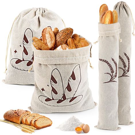 Lot de 4 sacs à pain en lin — Conçus spécifiquement pour le pain fait maison  réutilisables  idéaux pour le stockage et la conservation du pain, des baguettes et des produits de boulangerie.