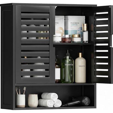 Armoire de Salle de Bain Murale, Organisateur de Rangement en Bambou au-Dessus de la Cuvette, Armoire à Pharmacie Gain de Place avec 2 Portes et étagères réglables (Noir) (1/5)