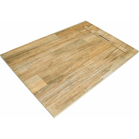 Receveur résine 100 x 100 cm  imitation bois Chene clair - grille caniveau excentrée (1/4)