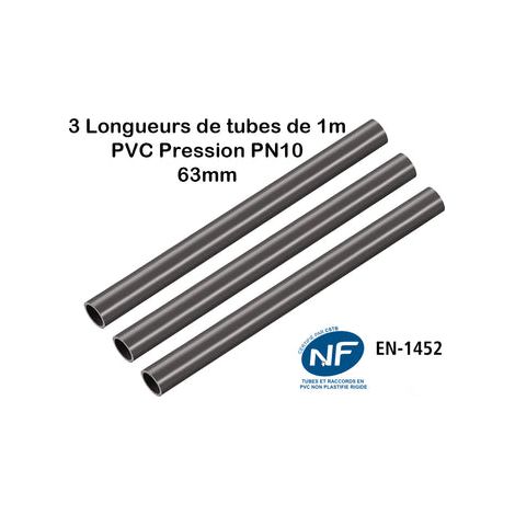 Lot de 3 Barres Tuyau Rigide Tube PVC Pression PN10 63mm : Longueur 1m / Piscine et bassins