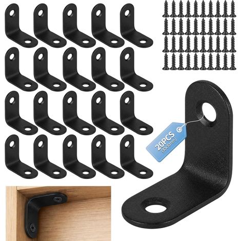 Lot de 20 connecteurs d'angle noirs - 30 x 30 mm - Angle en métal à 90 degrés - Avec 40 vis - En acier inoxydable - Petit angle de montage pour tables, chaises, bibliothèques, meubles (1/5)