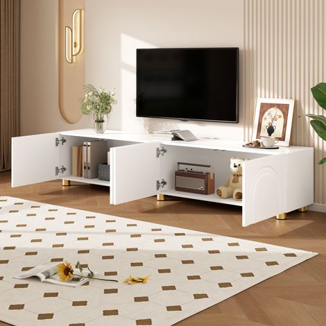 Meuble TV bas style classique, 4 portes, pieds métalliques, rangement pour séjour, finition moulurée cintrée (1/5)
