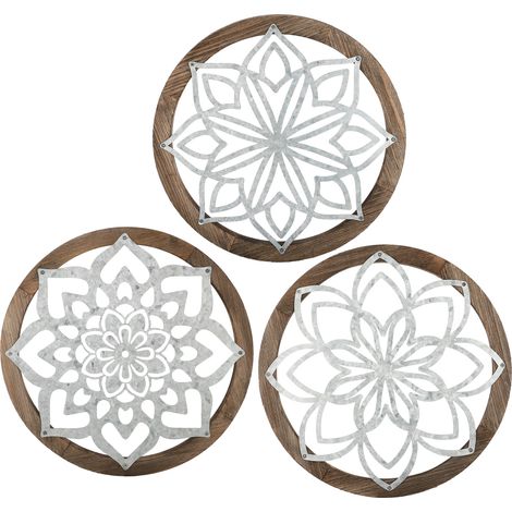 Escultura de pared de madera vintage y decoración de estilo bohemio – paquete de 3. Decoración redonda hecha a mano para sala de estar y oficina. (1/5)
