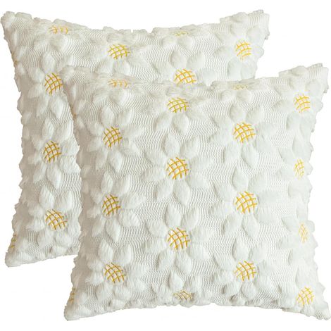 Deux housses de coussin décoratives en jacquard - motif tournesol - blanc cassé - 45 x 45 cm. Coussins de canapé sans garniture. (1/5)