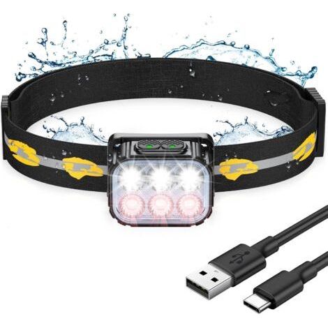 Lampe frontale LED ultra puissante, lampe frontale étanche rechargeable avec lumière rouge, 6 modes d’éclairage et autonomie 36H, lampe frontale légère 350LM pour le camping/la pêche/le cyclisme/la co (1/5)