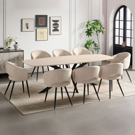Ensemble table 240cm effet travertin + 8 chaises tissu bouclette écru